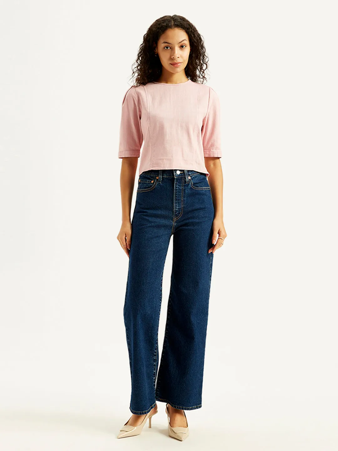 Women's Navy Blue Ribcage Bell Bottom Wide Leg Fit High Rise Jeans Crisp Look Soft Date Night Street Fashion