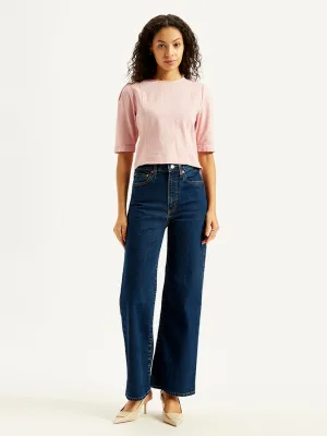 Casual Student Outfit Women's Navy Blue Ribcage Bell Bottom Wide Leg Fit High Rise Jeans