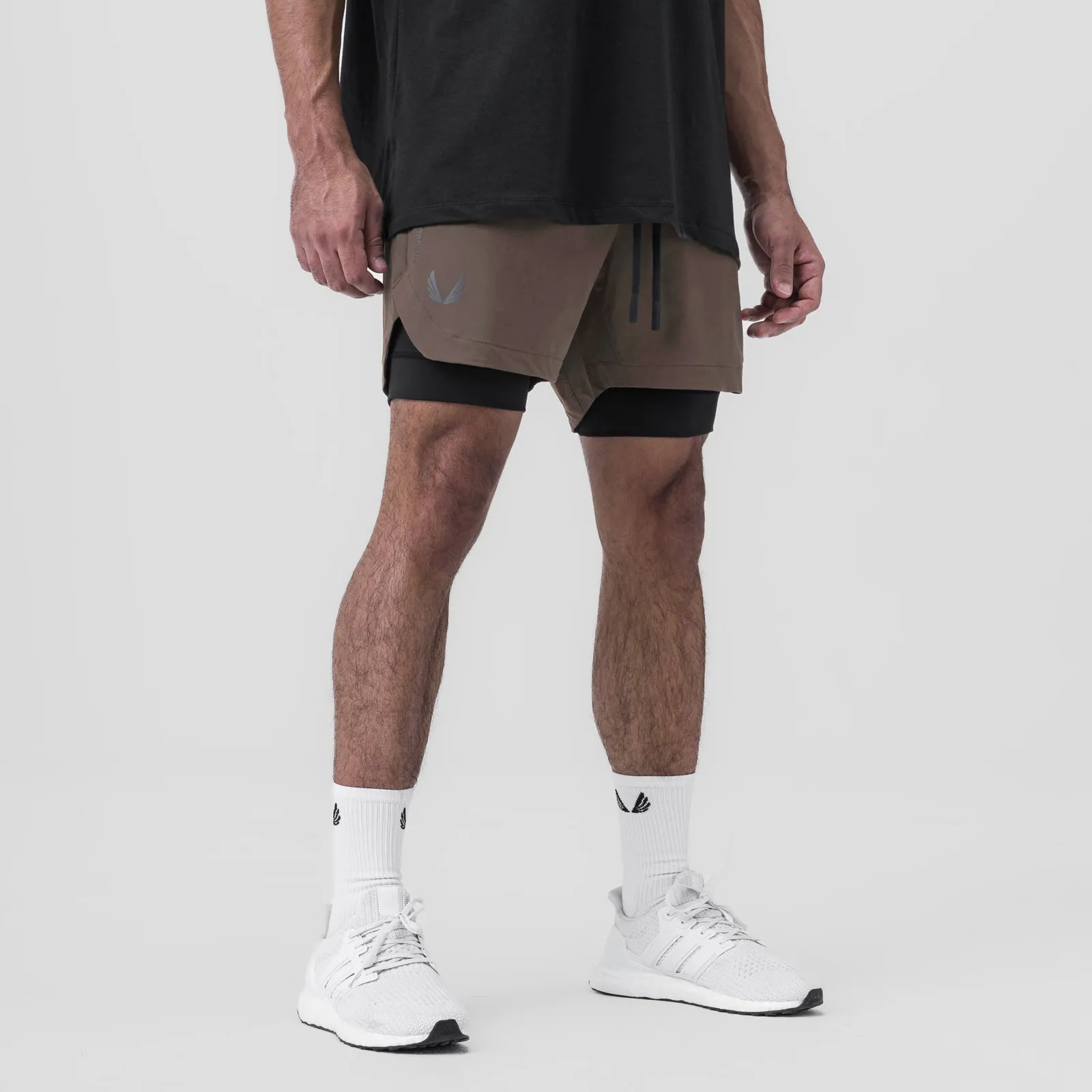 Active Wear Shorts ZipperedSecurity 0865. Tetra-Lite? 5" Liner Short - Deep Taupe "Wings"/Black