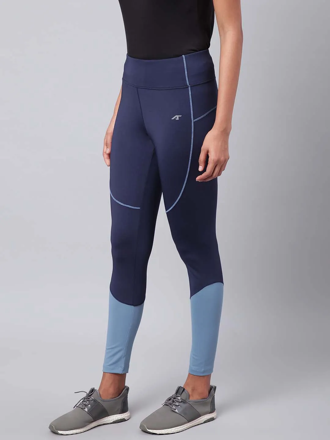 Alcis Women Navy Blue Secure Fit Colourblocked Cropped Training Tights Move Control