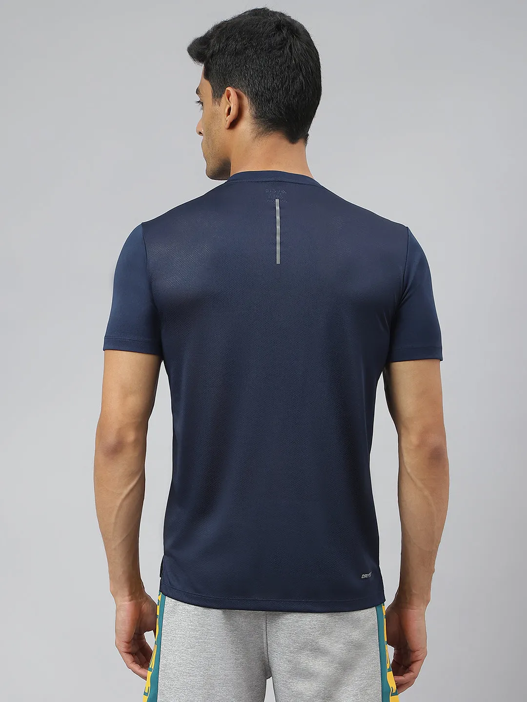 Alcis Men Next Mile Navy Printed Anti-Static Slim-Fit Round Neck Running T-Shirt BiasCut Trims
