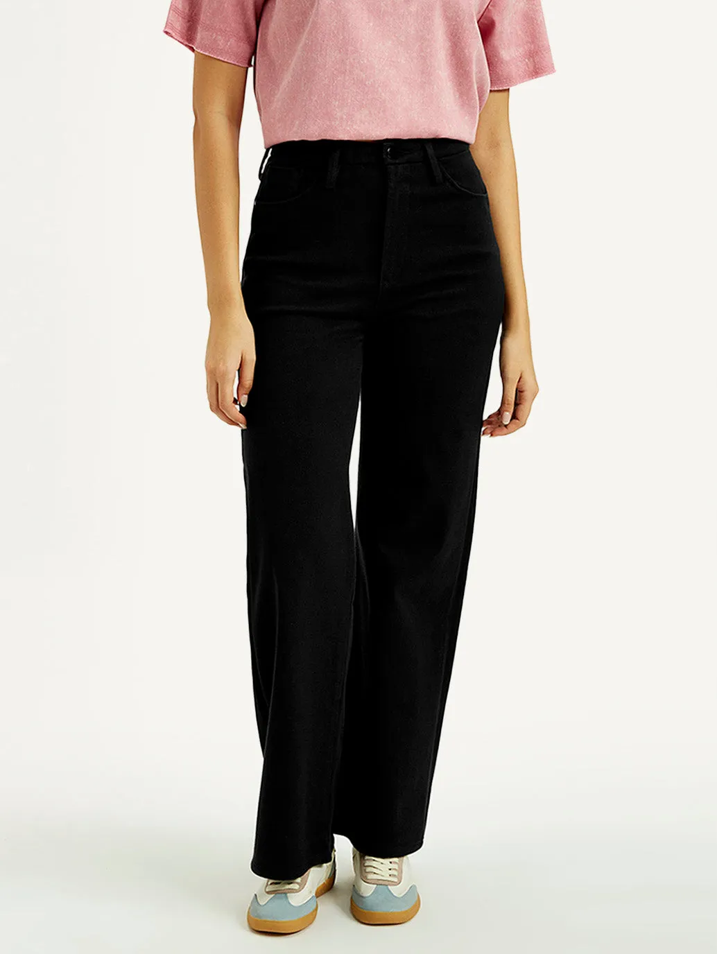 Women's Redloop Black Ribcage Bell Bottom Wide Leg Fit High Rise Jeans Stretch Fabric Smooth Lightweight