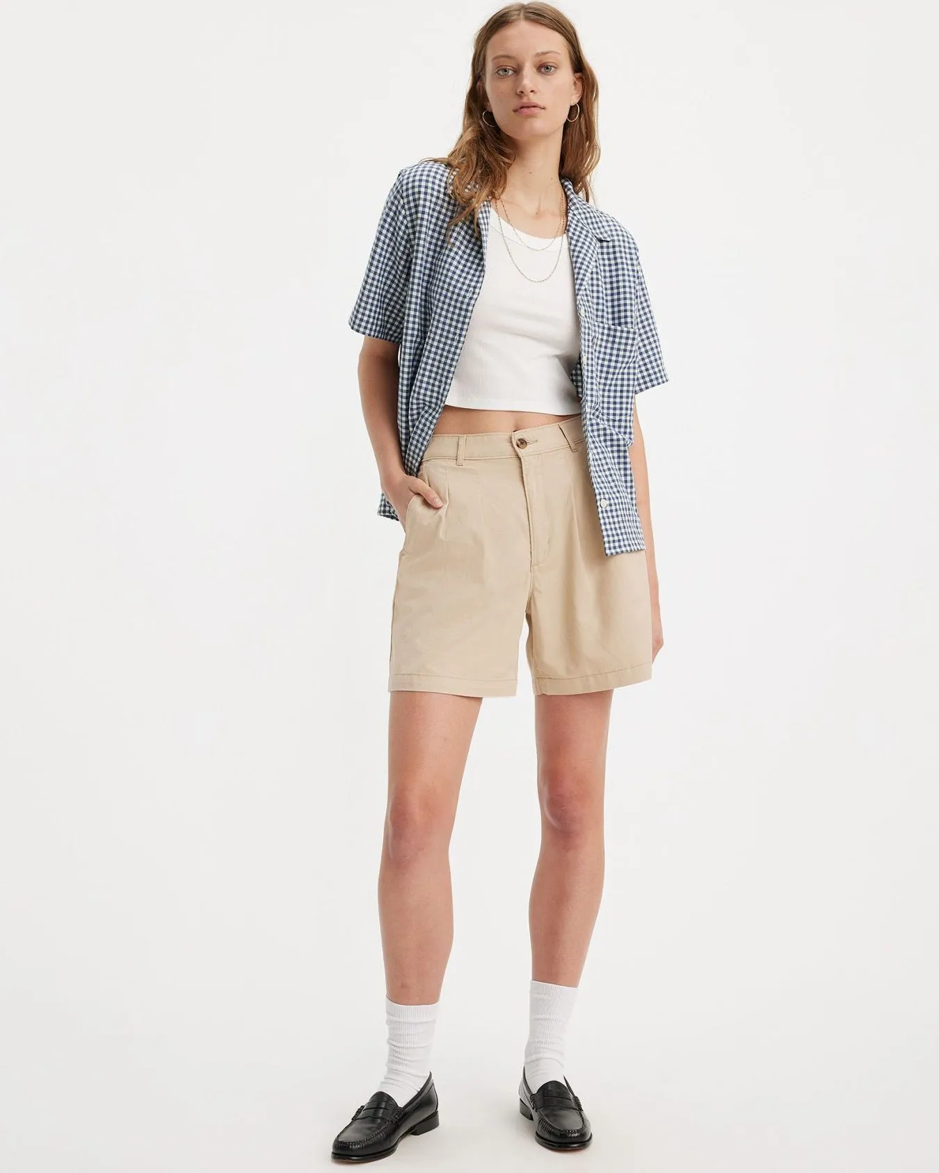 Modern Casual Raw Hem Design Levi's? Womens Pleated Trouser Short - Safari