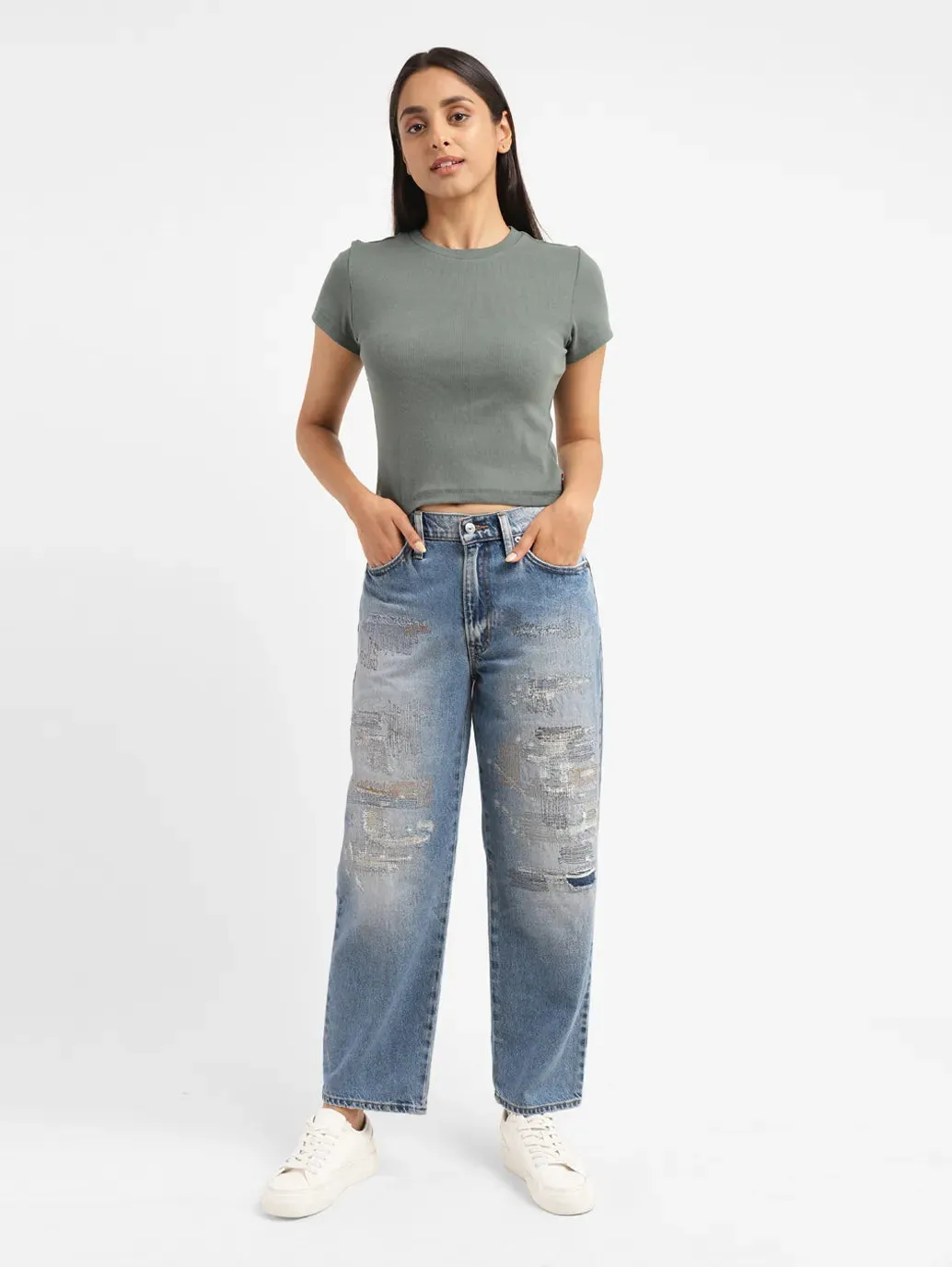 Women's 94 Blue Baggy Fit Mid Rise Jeans Spring Mood Affordable Stylish Daily Wear Parent Style