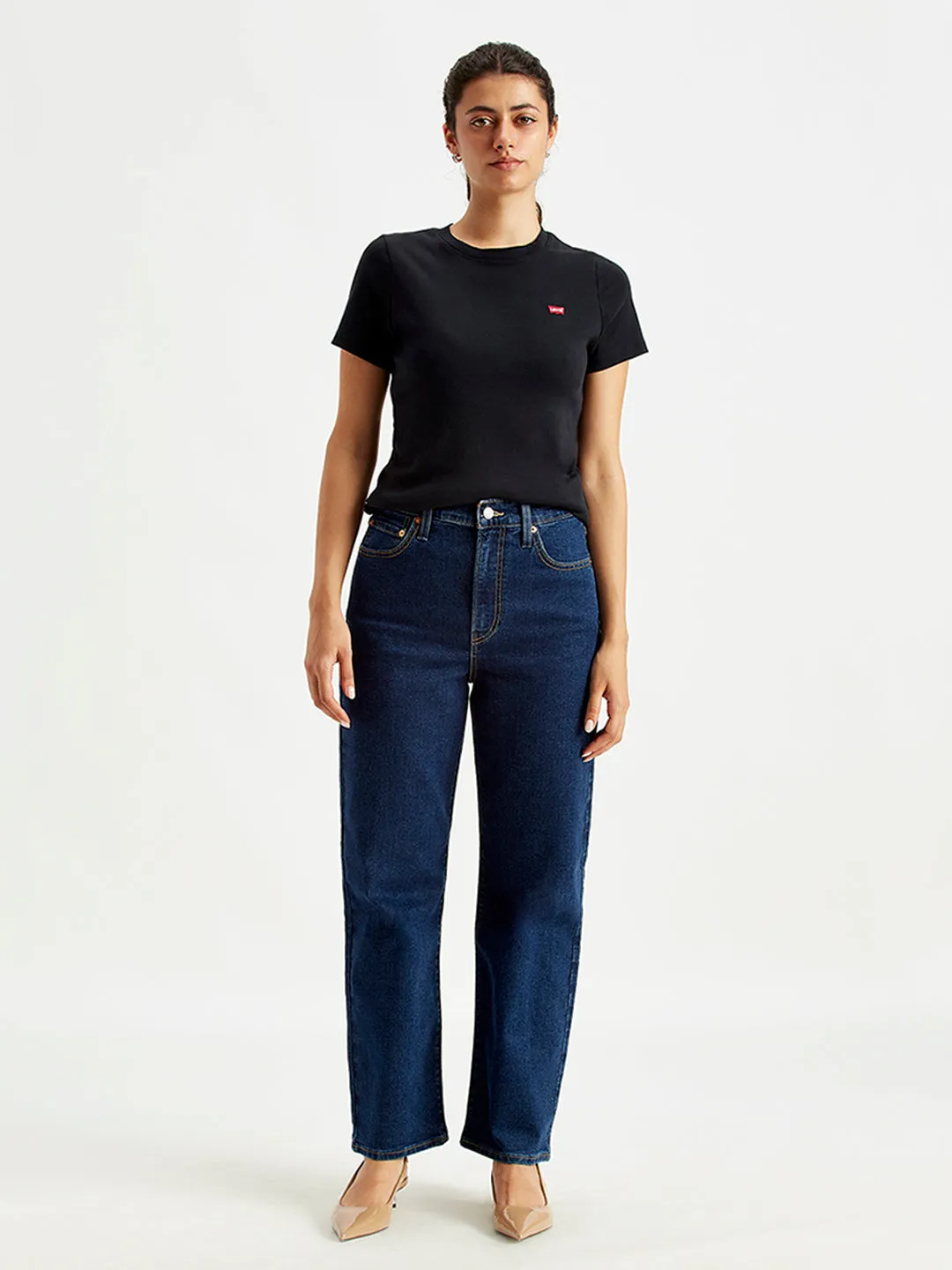 Women's Blue Ribcage Straight Ankle Fit High Rise Jeans Relaxed Style Lightweight Durable Base Wear