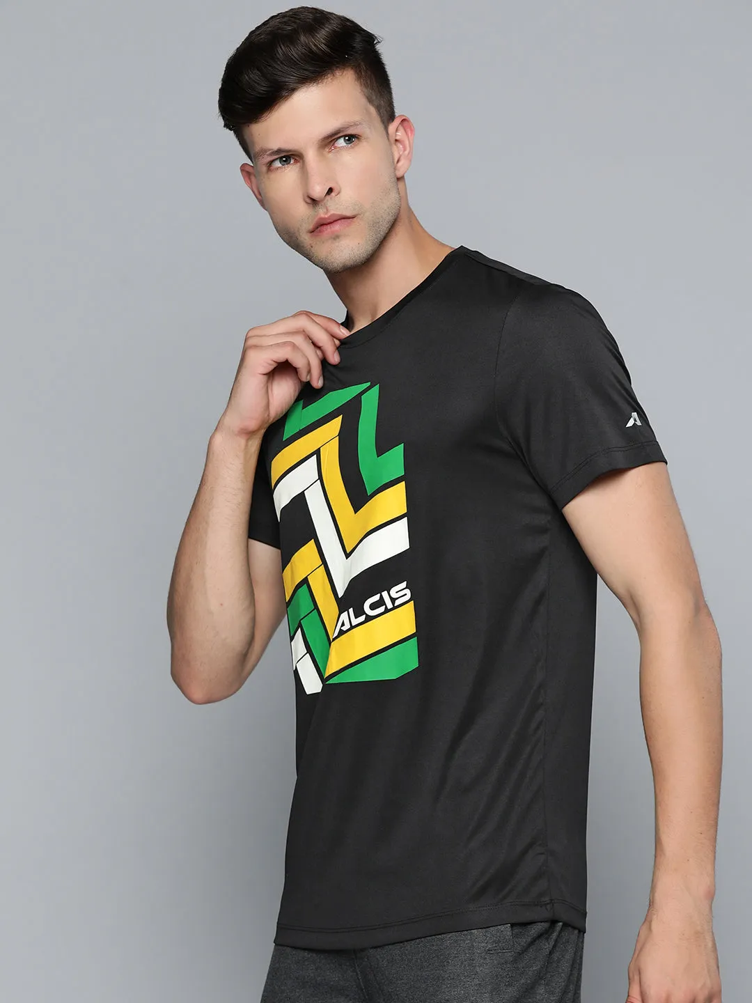 Campus Vibe Ultraviolet Protection Alcis Men Black Chest Printed T-shirt