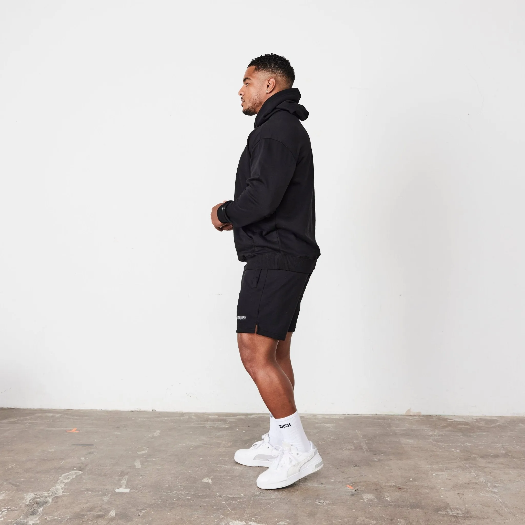 Vanquish Essential Black Oversized Pullover Hoodie Faded Wash Effect Structured Hood Shape
