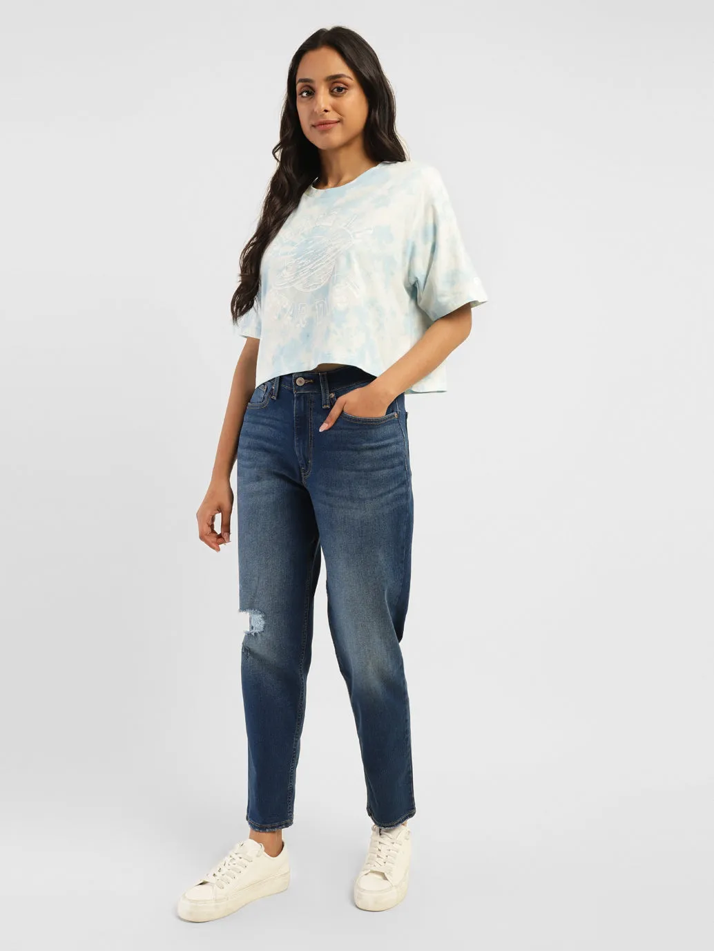 Flexible Waist Women's 80s Mom Blue Loose Fit Mid Rise Jeans