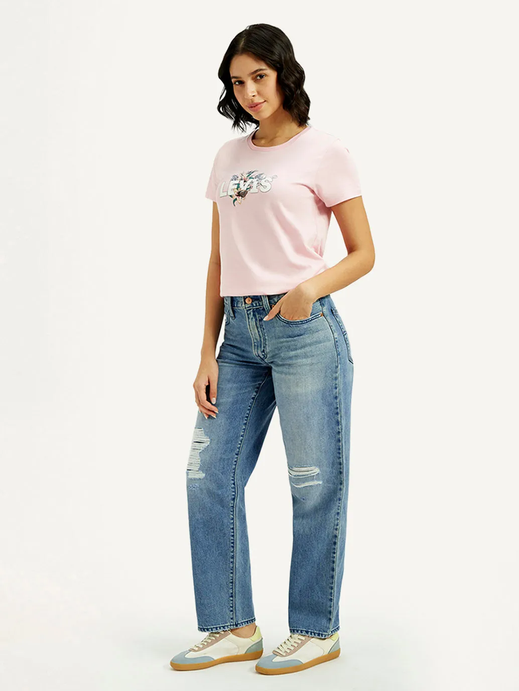 Women's 94 Med Indigo Baggy Fit Mid Rise Jeans Crisp Look Bold Look Parent Style