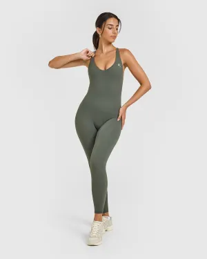 UVProtection Opaque Tone StaticDissipatingMaterial Unified Scoop Back All In One Long | Dark Khaki
