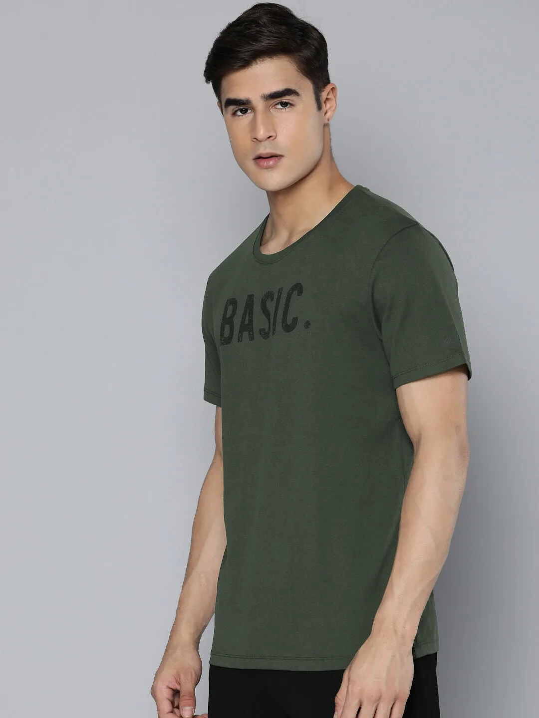Alcis Men Olive Green Typography Printed Dry Tech Slim Fit T-shirt StaticResistant