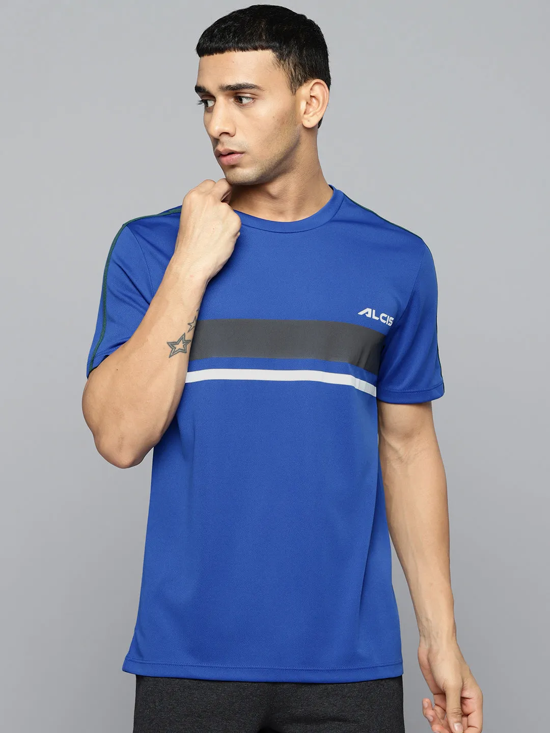 Alcis Men Blue Black Striped Detail Slim Fit T-shirt PunctureResistant Fabric