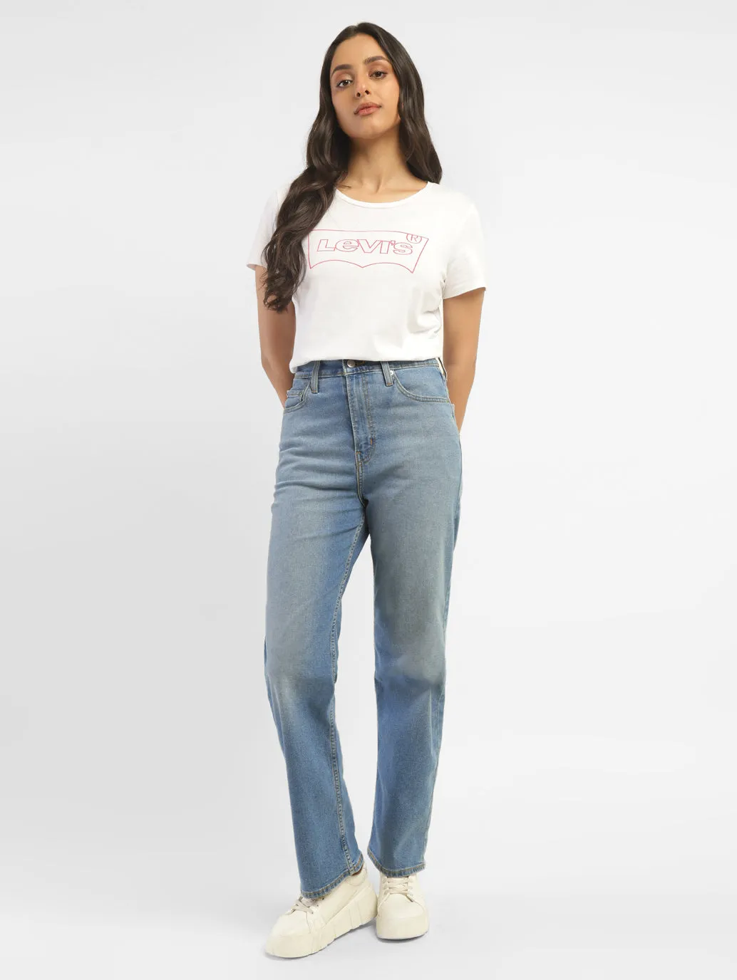 Smooth Texture Women's Blue Ribcage Straight Fit High Rise Jeans
