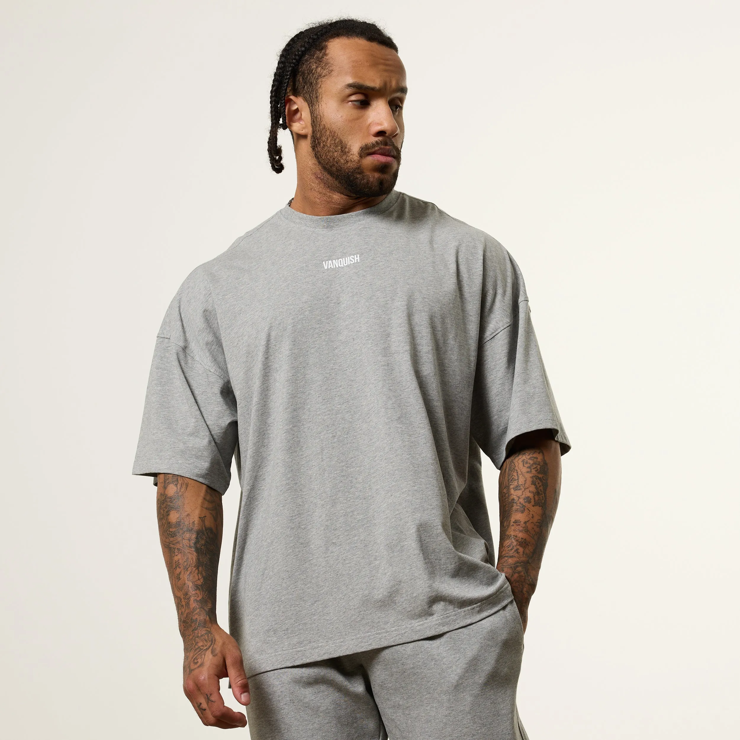 Drop Shoulder Design Vanquish Essential V2 Grey Melange Oversized Boxy T Shirt