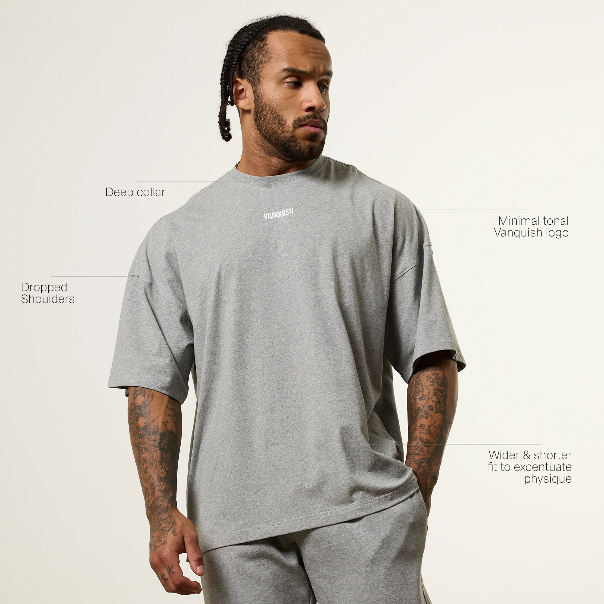 Bright Color Premium Cotton Blend Vanquish Essential V2 Grey Melange Oversized Boxy T Shirt
