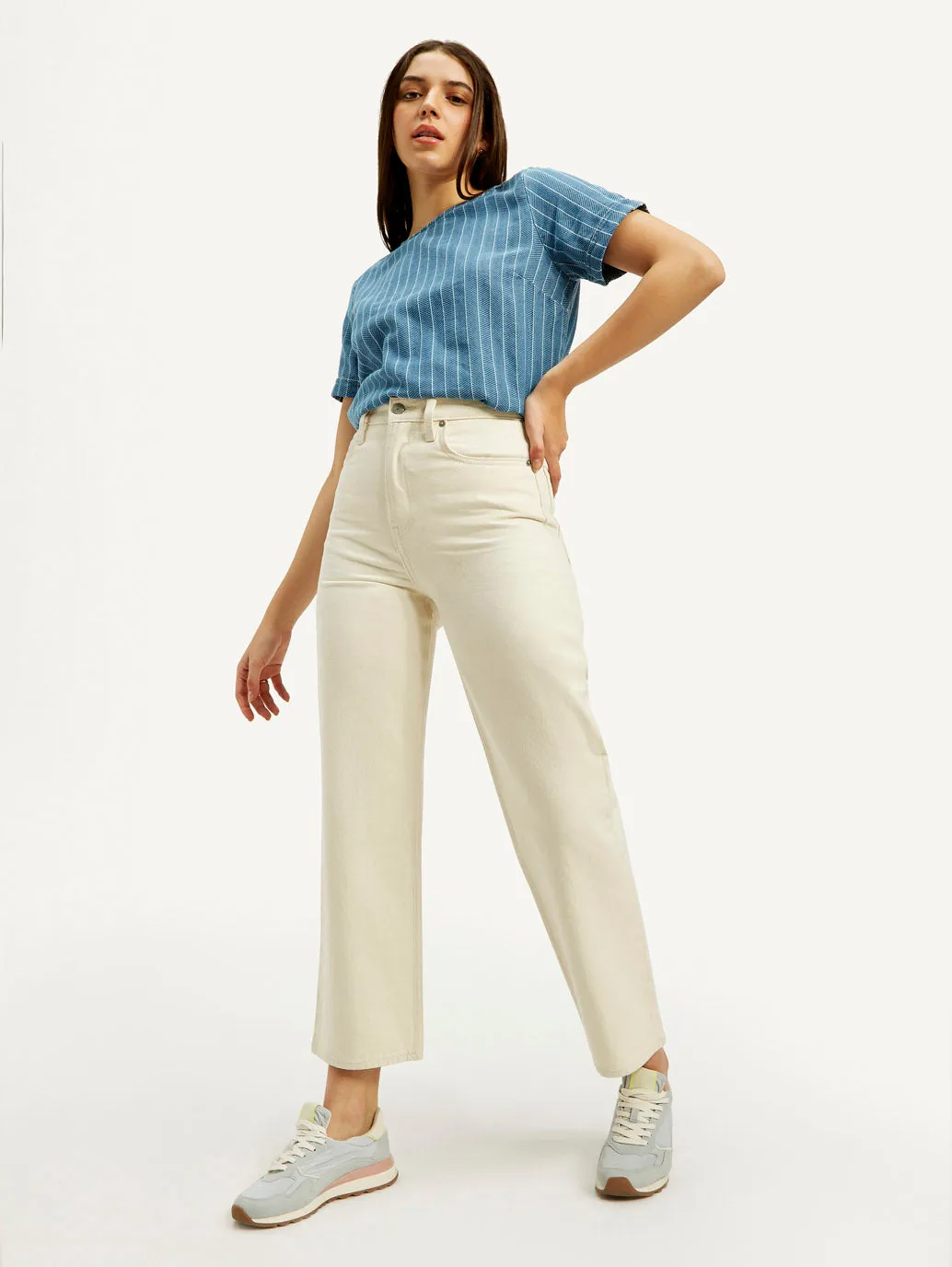 Party Look Earthy Women's Cream Ribcage Straight Fit High Rise Jeans