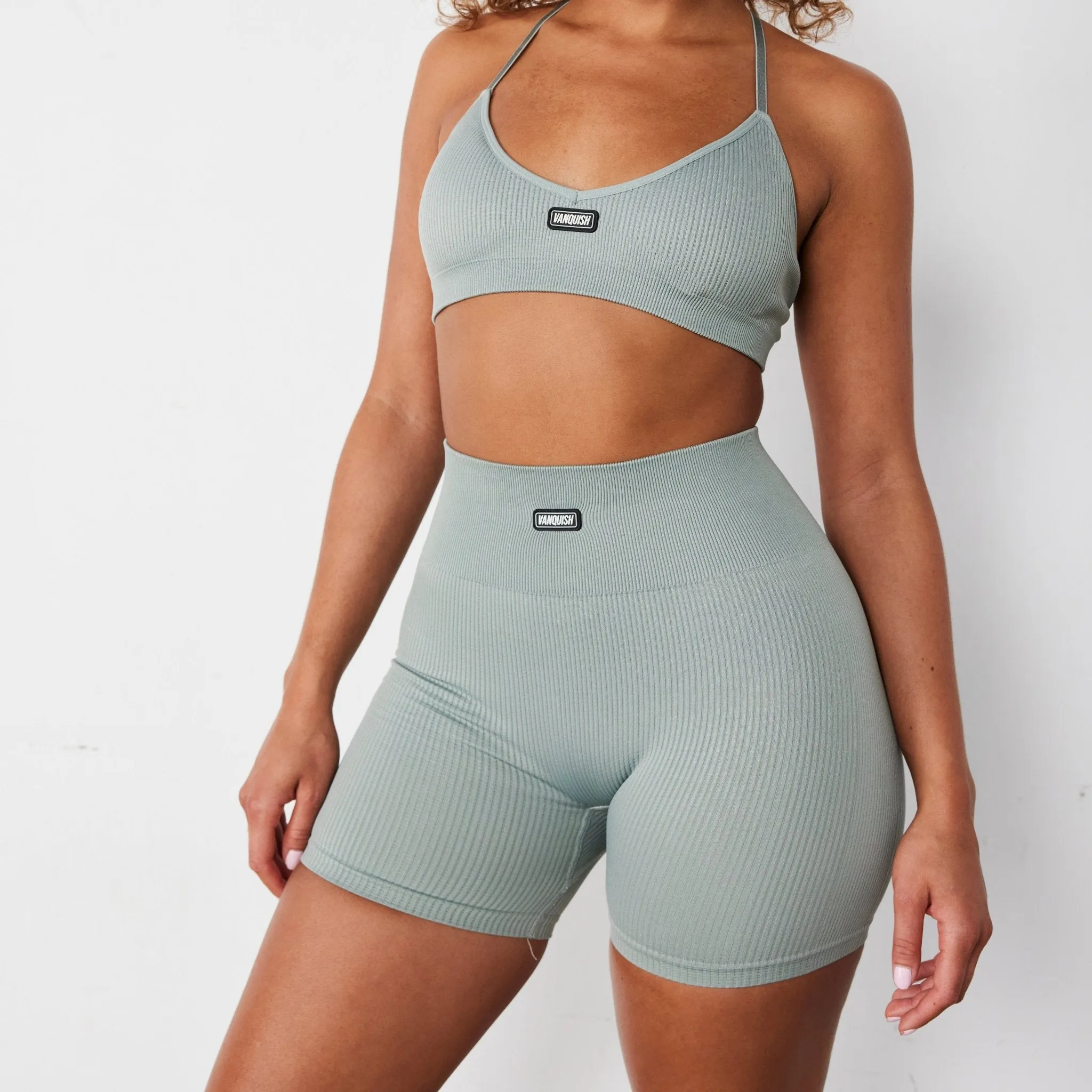 Vanquish Ribbed Seamless Slate Grey Cross Back Low Support Bra Non-Chafing Edge