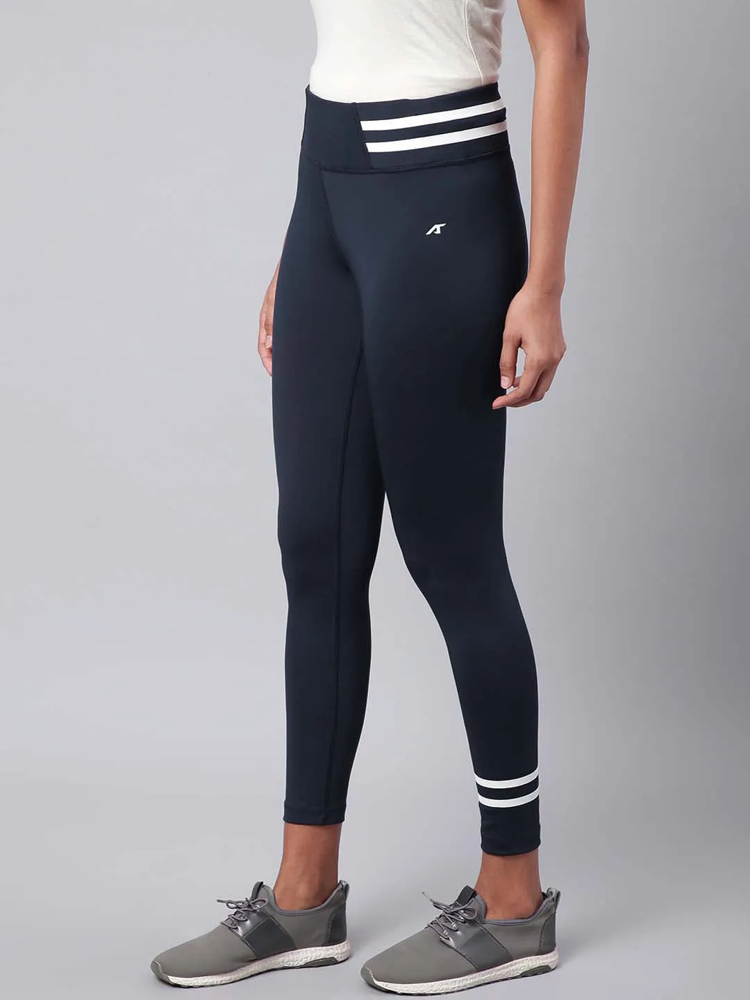 Alcis Women Navy Blue White Drytech  Solid Cropped Training Tights Minimal Design Super Soft