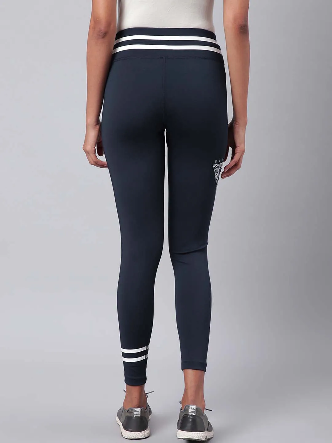 Alcis Women Navy Blue White Drytech  Solid Cropped Training Tights High Waist For Adults Home Lounge