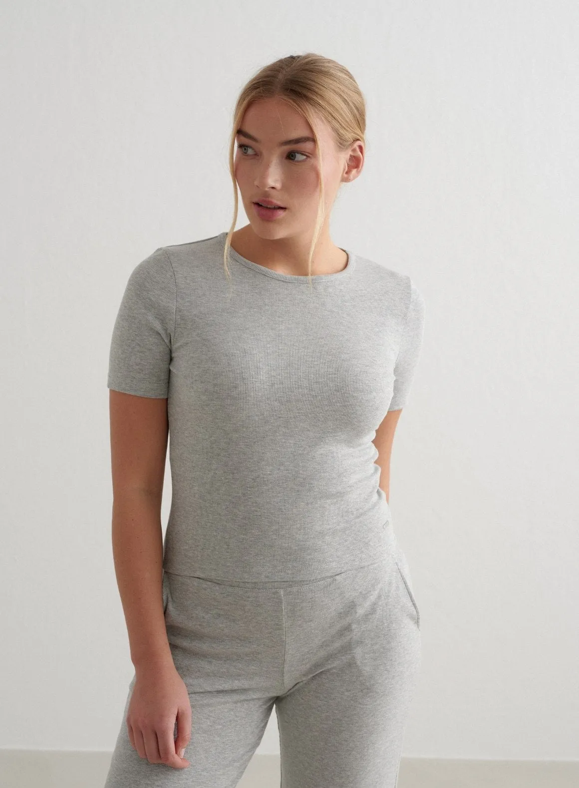 Grey Melange Ease Ribbed Short Sleeve Seasonal Outfit