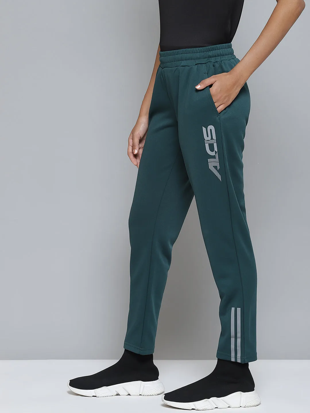 Structured fabric Alcis Women Teal Green Solid Track Pants