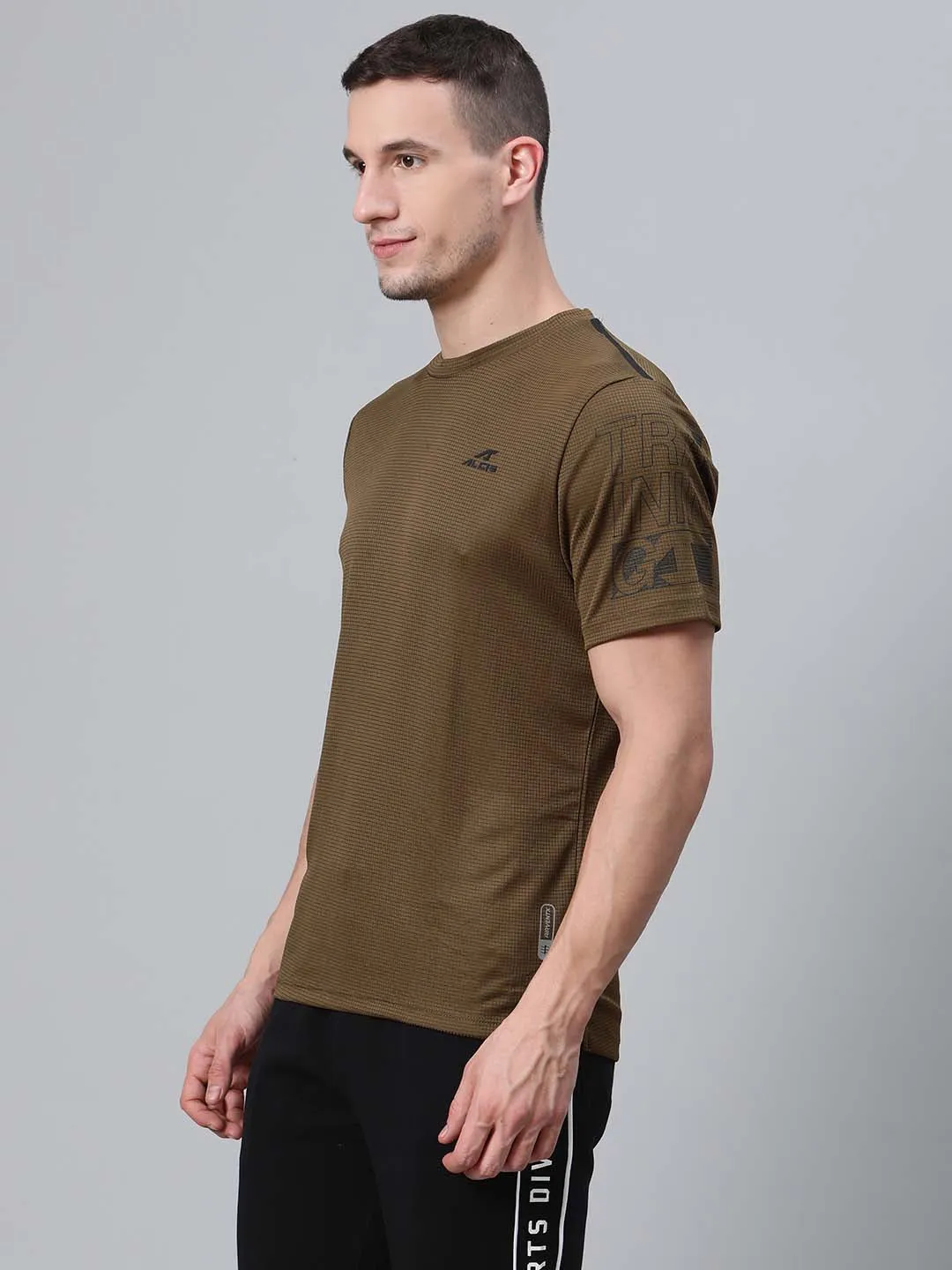Organic Cotton Certification Modern Ease Alcis Men Olive Green Self Checked Round Neck Training T-shirt