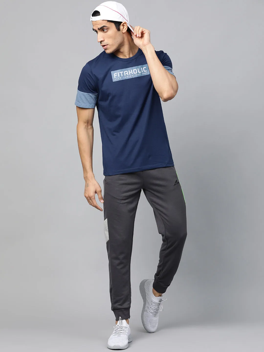 Alcis Men Navy Blue Slim Fit Printed Round Neck Running T-shirt Cool Nylon Joy Mood