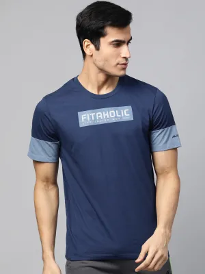 Flexible Waistline Alcis Men Navy Blue Slim Fit Printed Round Neck Running T-shirt