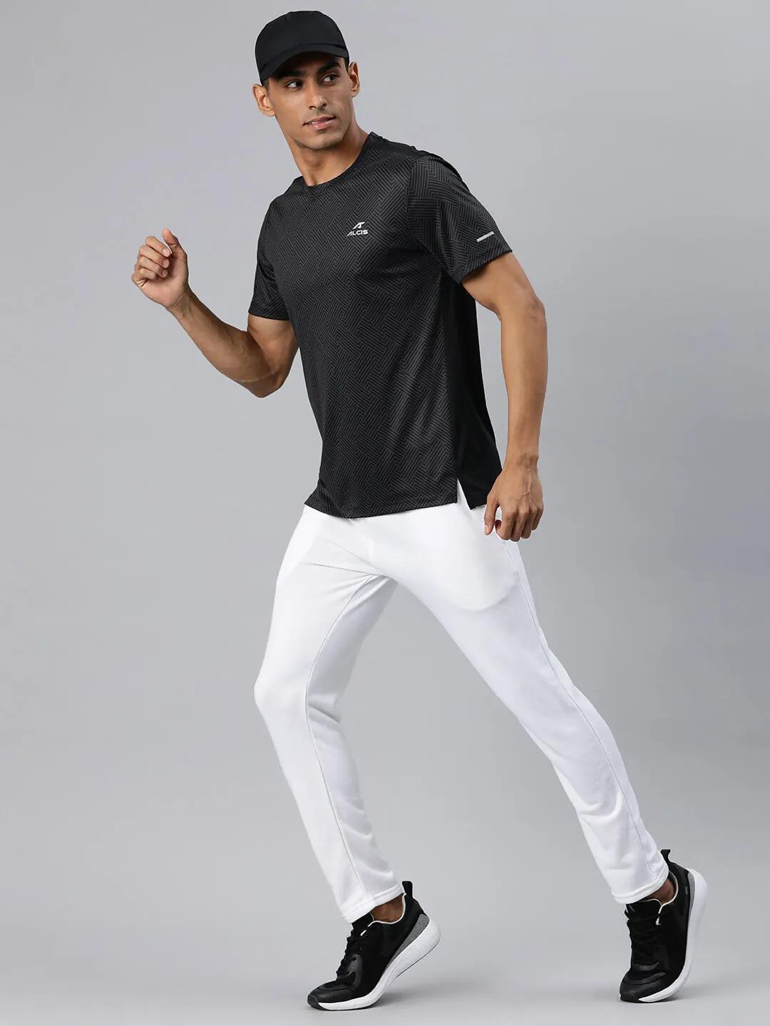 HeavyDuty Zipper AdjustableWaistband Alcis Men Grey Printed Anti Static Slim Fit T-shirt
