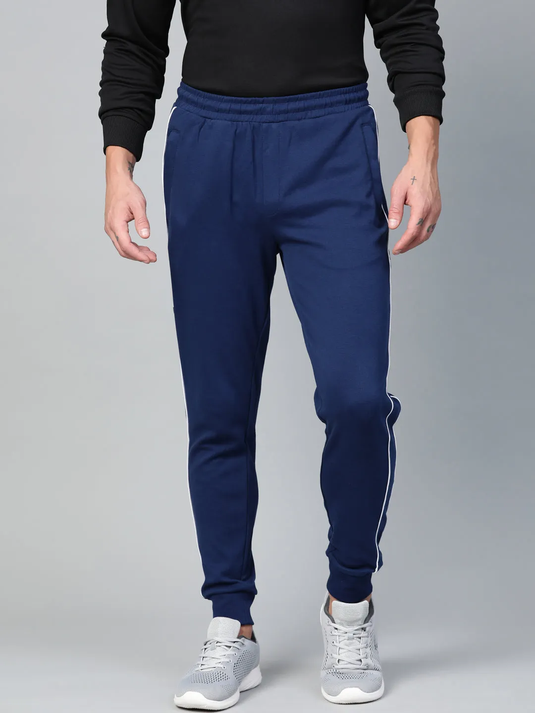 Layered Panel Design Alcis Men Navy Blue Solid Joggers with Side Striped Detail