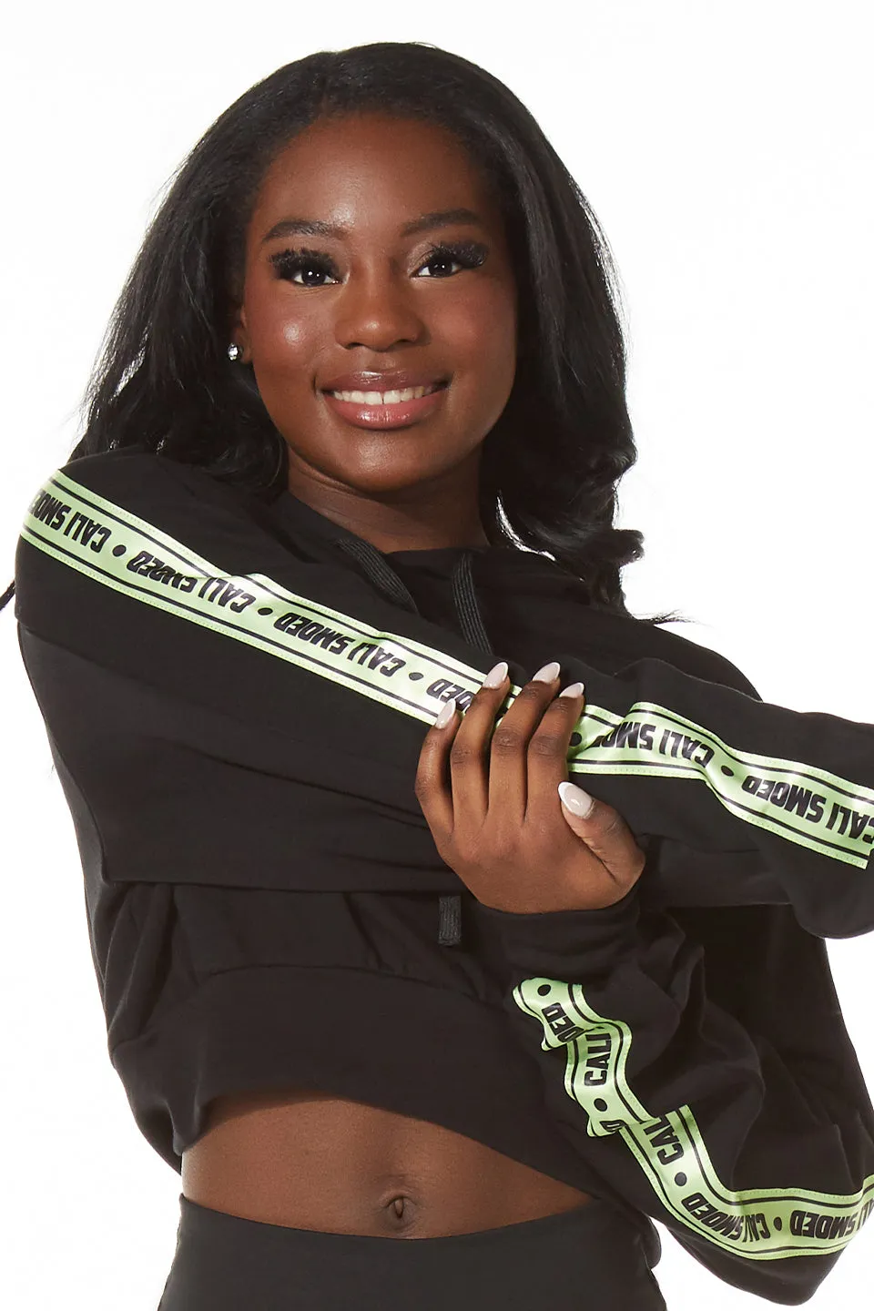 Adjustable Waistband Club SMOED Cropped Hoodie in Black
